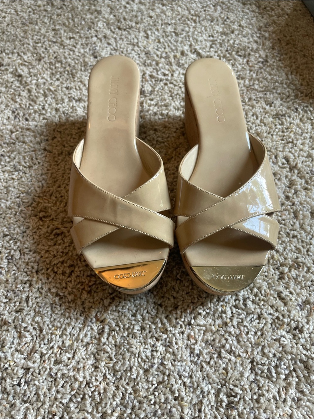 Jimmy Choo Beige Patent Leather Crisscross Slide Sandals with Gold Toe Caps